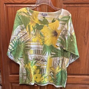 JM Collection Green and Yellow Floral Blouse size L